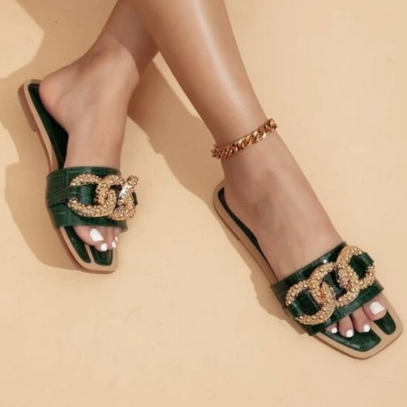 . Shoes - Crocodile Embossed Chain Decor Slide Sandals
